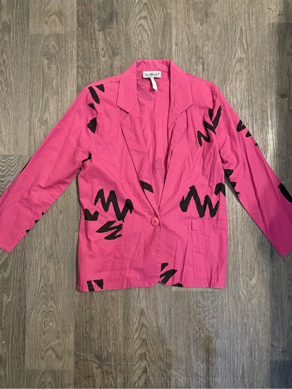 Vintage Single-Button Blazer with Black Abstract Print